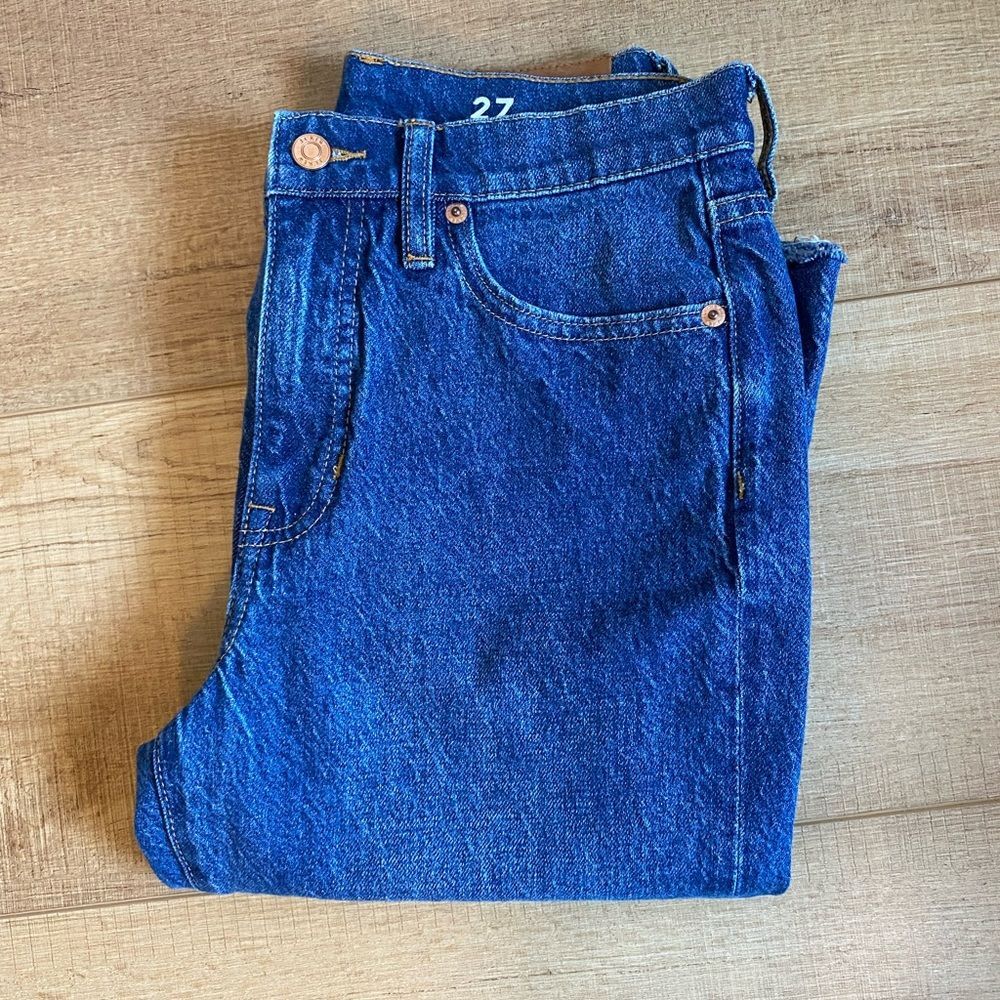 J.Crew Full Length Demi Boot Medium Wash Jean Size 27 or 4 raw hem